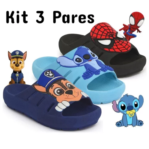 Kit 3 Pares Babuche Chinelo Infantil Menino Personagens Confortável Macio