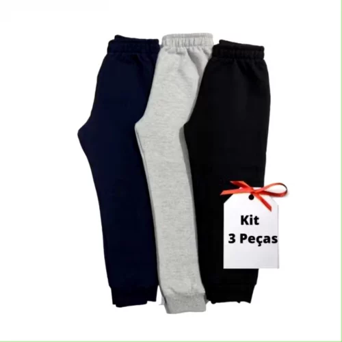 Kit 3 un. Calça Moletom Infantil Apeluciada com Punho tamanho 1 ao 12