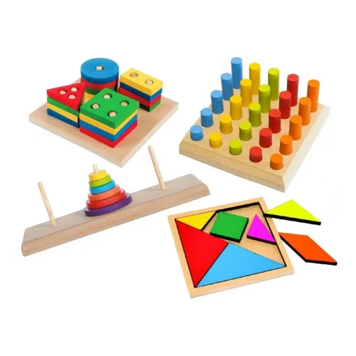 Kit 4 Brinquedos TORRE DE HANÓI + PINOS DE ENCAIXE + TANGRAM + FORMAS GEOMÉTRICAS