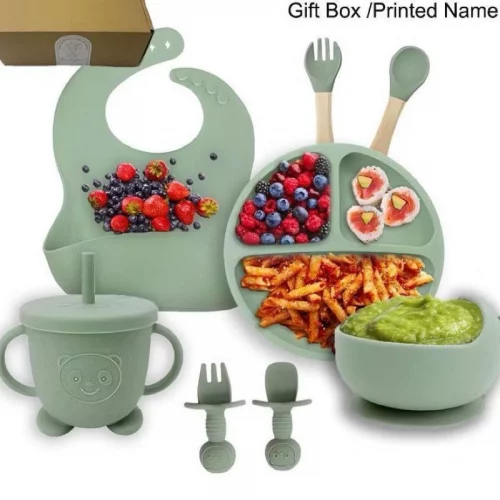 kit 8 Peças Talheres alimentação bebê silicone kit Talheres Infantil Com Ventosa Canudo Colher Babador Garfo