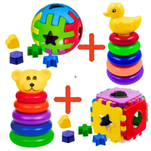 Kit Brinquedos Educativos Ursinho + Pato + Bola Didatica +Cubo Didático com Peças para Encaixar