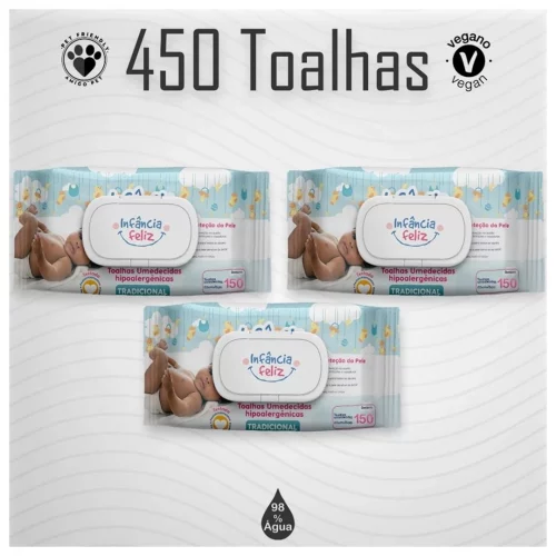 Kit com 03 Pacotes de Toalhas Umedecidas Infância Feliz - 150 Folhas - Vegano - Com Tampa