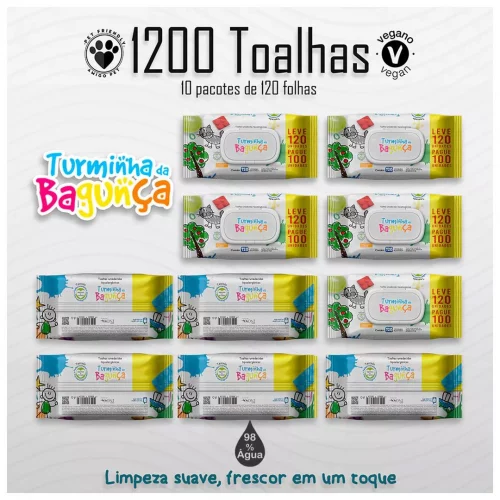 Kit com 10 Pacotes de Lenços Umedecidos Turminha da Bagunça 120 Folhas 19x13 cm - com Tampa Flip Top