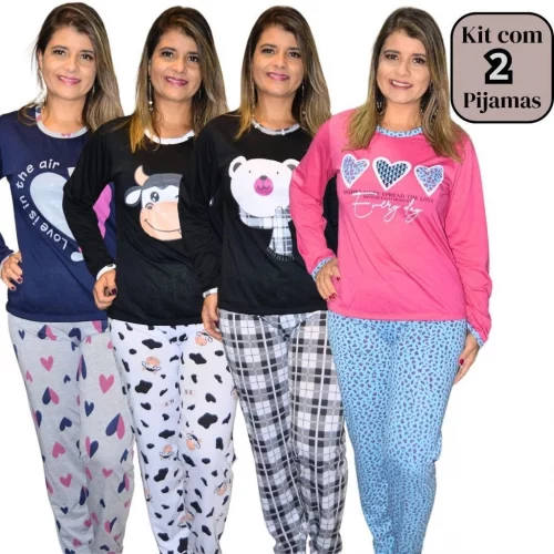 🛍 *Kit com 2 Pijamas Feminino Inverno Longo Listrado em malha premium Direto da Fabrica*
