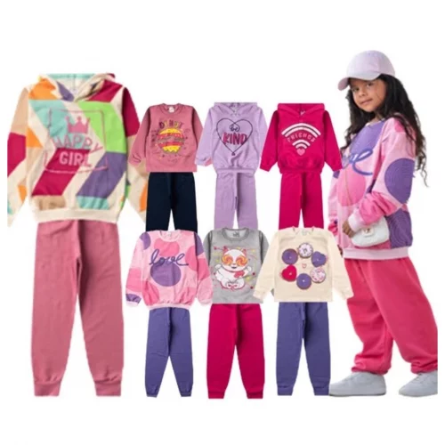 KIT com 3 conjuntos de moletom infantil Feminino ( 6 peças : 1 C/Capuz e 2 S/Capuz + 3 calças )