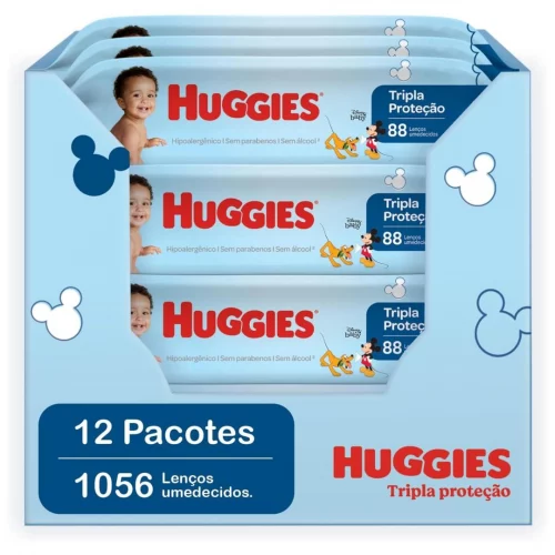 Kit Lenços Umedecidos Huggies Tripla Proteção - 1056 Unidades (12 pacotes com 88 un cada)