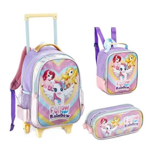 Kit Mochila Rodinha Lancheira Estojo Unicornio Power Fofinho Cor Rosa