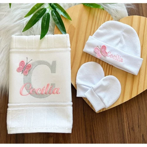 💖 Kit Paninho de Boca + Touca e Luva Bordado Com Nome