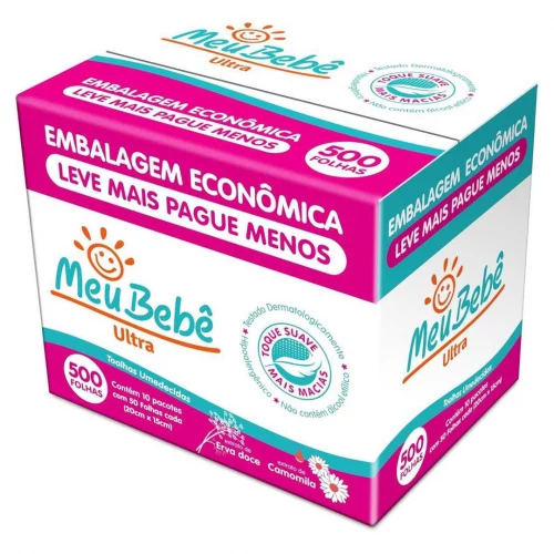 Kit Toalhas Umedecidas Meu Bebê Ultra com 500 Unidades - 10 pacotes com 50 unidades