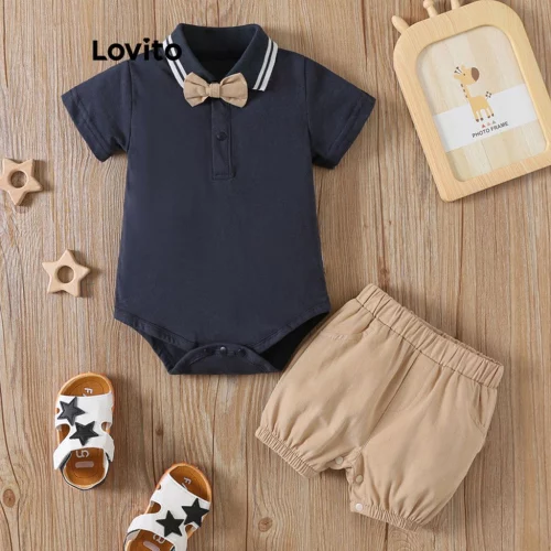 * 🔥Lovito Conjuntos de shorts casuais lisos com decote em V e blocos de cores para bebês LNA86020