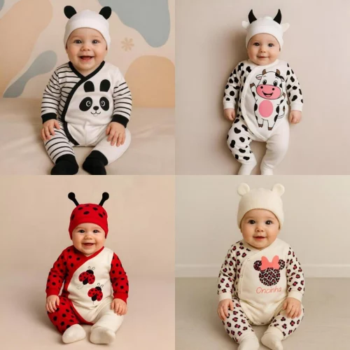 Macacão Bebê Bichinhos + Touca Kit 2 Peças Inverno manga longa