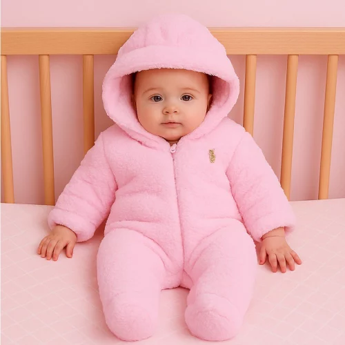 Macacão Longo Bebê Inverno Rosa em Pelo Com Capuz de Orelha