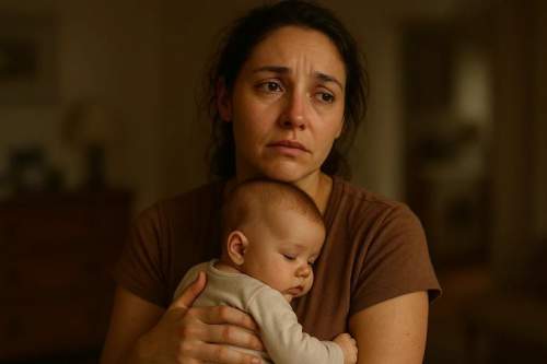 Mãe cansada segurando bebê com expressão vulnerável e texto 'Nunca suficiente? Respire' sobreposto, retratando culpa materna