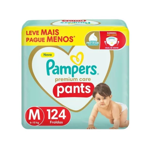Pampers Premium Care Pants Fralda Tamanho M 124 Unidades, Fácil de Vestir