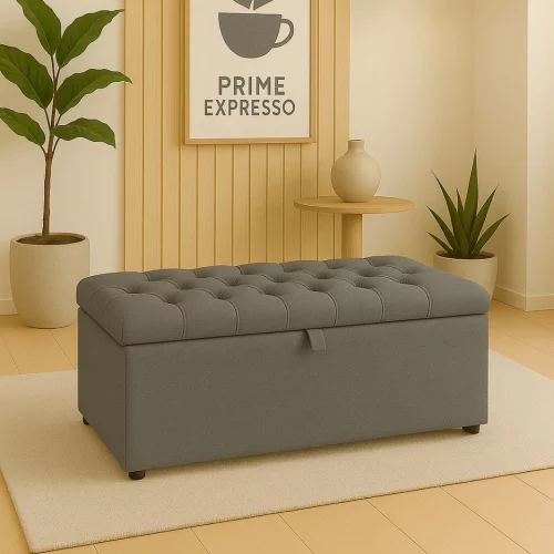Puff Baú pé de cama 90 cm no Sued Capitone Organizador e Sapateira (Porta Objetos e Brinquedos)