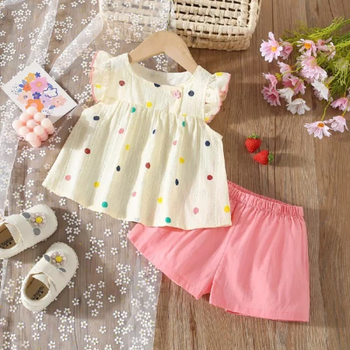 > 🛍Roupas De Bebê Para Menina Polka Dot Top + Pink Verão De Algodão Crianças