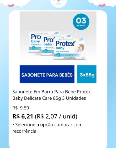 🛍️Sabonete Em Barra Para Bebê Protex Baby Delicate Care 85g 3 Unidades