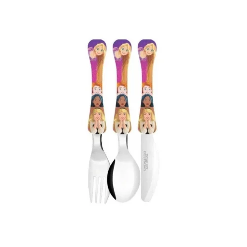 SIMONAGGIO Jogo de Talheres Infantil Disney Kids Princesas - Kit de Talheres de Aço Inox Com Cabo Plástico - Multicor - 3 Peças