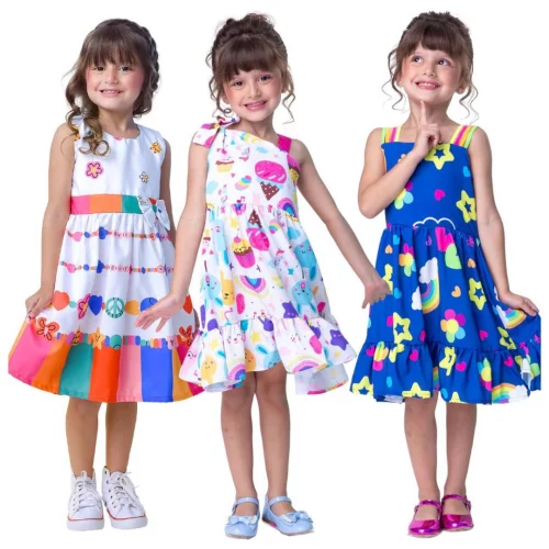 Vestido Infantil Menina Estampado E Liso Com Laço Rodado Colorido Para Festa 4 o 10