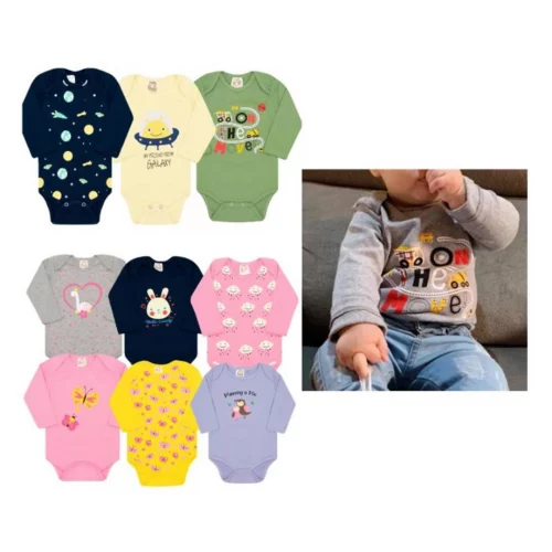 3 body bebê manga longa ou curta com estampas Menino e Menina P ao GG