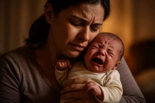 Fotografia realista de um bebê recém-nascido sendo confortado por sua mãe, transmitindo calma e segurança. Uma imagem que representa o conforto e o cuidado durante as cólicas.
