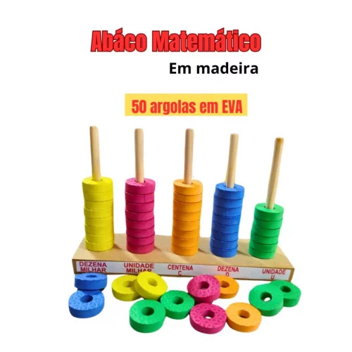 Ábaco Aberto 5 Hastes Em Madeira Com 50 Argolas De Eva