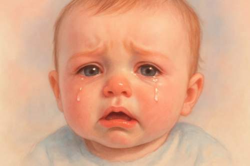 Ilustração digital de um bebê chorando em close-up, com tons pastéis e expressão delicada, representando choro excessivo infantil para artigo sobre cuidados com bebês.