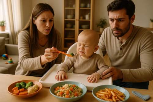 Bebê rejeitando comida na cadeira alta, com pais preocupados ao fundo em um ambiente familiar aconchegante.
