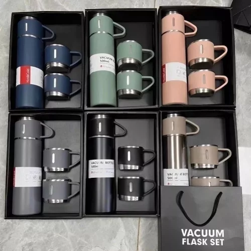Caneca Kit Garrafa Térmica Vacuum Bottle Inox 500ml + 3 Xícaras