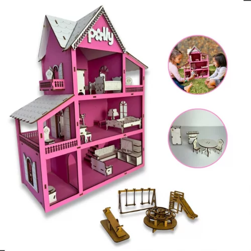 🛍️Casinha de Boneca Infantil com Moveis acompanha Parquinhos em Mdf Pintada