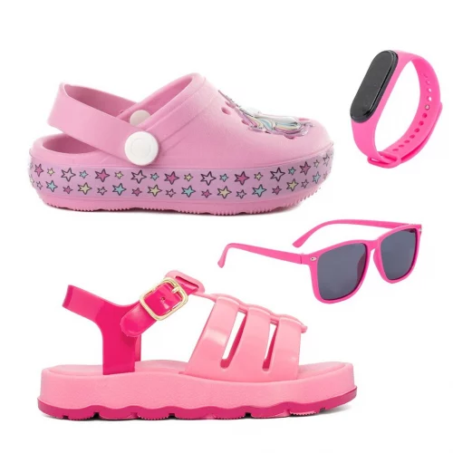 Combo Infantil Menina - Babuche + Sandália + Óculos + Relógio Funfy