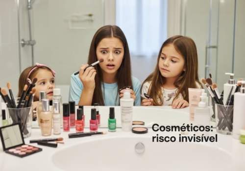 Adolescente e criança em banheiro com prateleira de cosméticos, alerta sobre riscos de maquiagem precoce com texto 'Cosméticos: risco invisível'