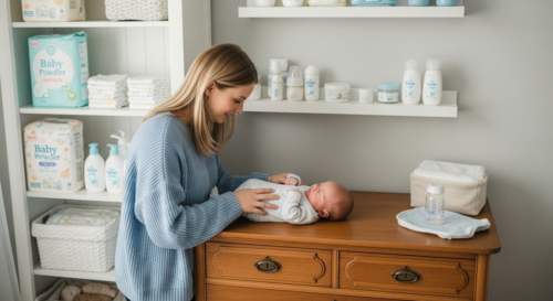 Mãe cuidando do coto umbilical do bebê recém-nascido em um quarto aconchegante e iluminado com luz natural, com o texto 'Cuide bem do coto!' visível.