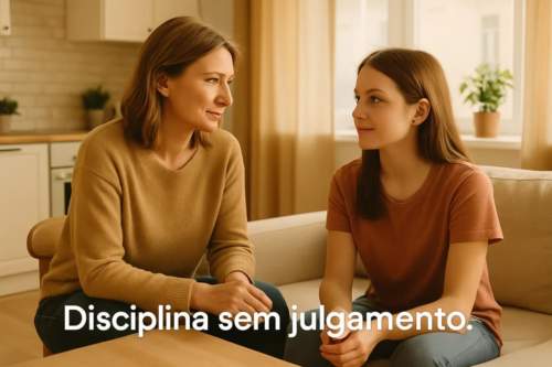Pai e filho em conversa tranquila em ambiente iluminado por luz natural, com texto 'Disciplina sem julgamento' sobreposto. Cena realista que ilustra educação sem críticas excessivas.