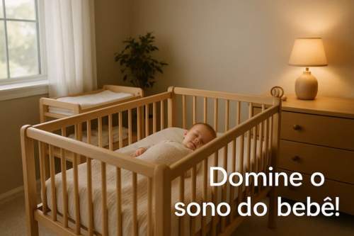 Quarto de bebê aconchegante com berço e criança dormindo, ilustrando dicas para ensinar o bebê a dormir no berço. Texto: 'Domine o sono do bebê!'