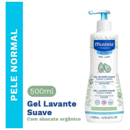 Gel Lavante Suave com Abacate Orgânico, Sabonete Líquido Corpo e Cabelo, Mustela Bebê 500ml