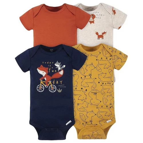 Gerber Baby Boys' 4-Pack Short Sleeve Onesies Bodysuits, Orange Fox, 0-3 Months