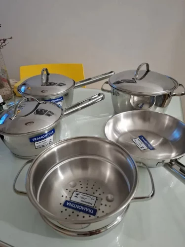 Jogo De Panelas Tramontina Allegra Em Aço Inox Com Fundo Triplo 5 Peças