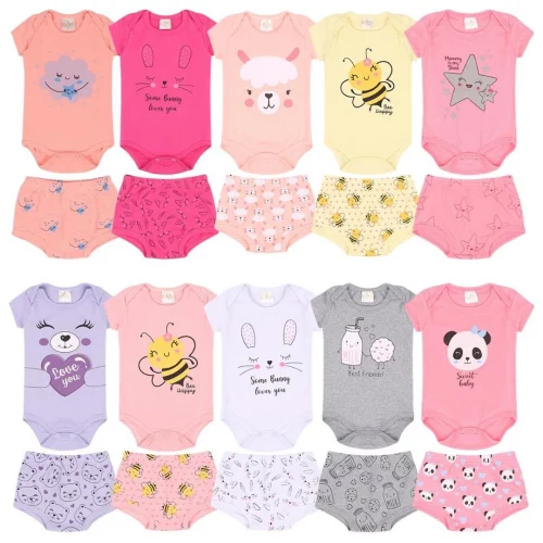 kit 10 peças body + shorts menina = 5 body + 5 shorts = 5 conjuntos feminino - roupa infantil