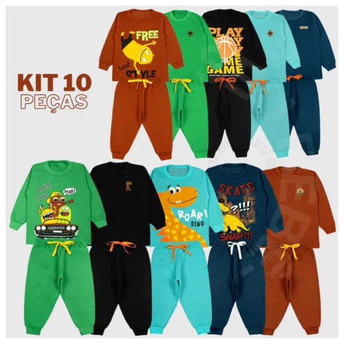 Kit 10 Peças Conjunto Inverno Infantil Estampas Diversas e Lisa Menino de 1 a 8 anos (5 Casacos + 5 Calças)