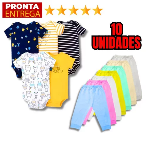 Kit 10 Peças Roupinha de Bebê Body Curto Estampado e Mijão Infantil