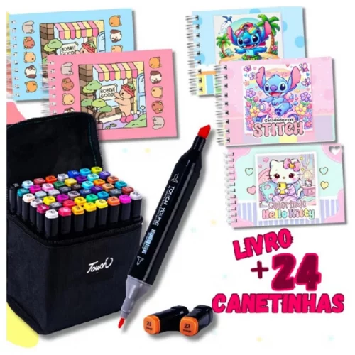 Kit 24 Canetinhas + Livro De Colorir Capa Dura Stitch Angel Hello Kitty Outros 50 desenhos Páginas 180g A5