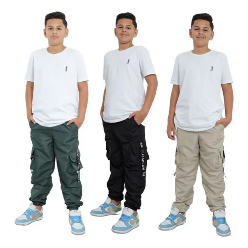 Kit 3 Calça Infantil Jogger Menino Tactel Cargo 4 Bolsos Top
