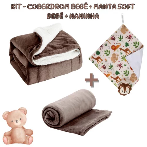 Kit 3 Itens Perfeito para bebê - Coberdrom + Manta soft + Naninha