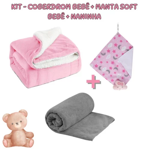 Kit 3 Itens Perfeito para bebê - Coberdrom + Manta soft + Naninha