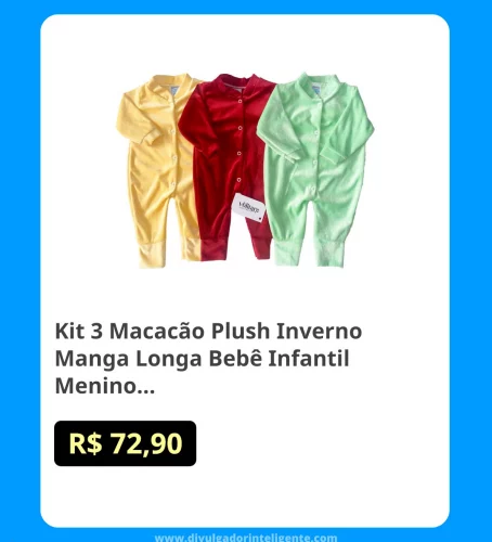 🛍Kit 3 Macacão Plush Inverno Manga Longa Bebê Infantil Menino Menina Quentinho