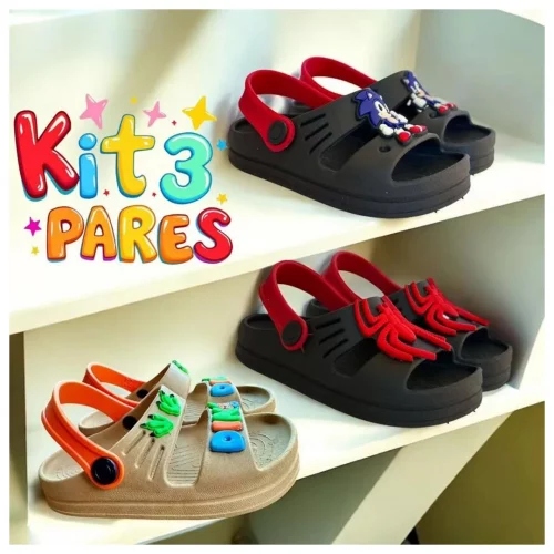 Kit 3 Pares Sandália Babuche Galocha Papete Infantil para Meninos