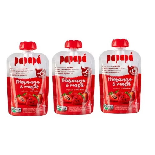 ￼Kit 3x Papinha Orgânica Papapá Morango E Maçã 100g