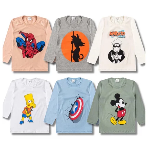 Kit 4 Blusas Manga Longa Masculina/Menino Estampada Infantil Juvenil Meia Estação Cotton