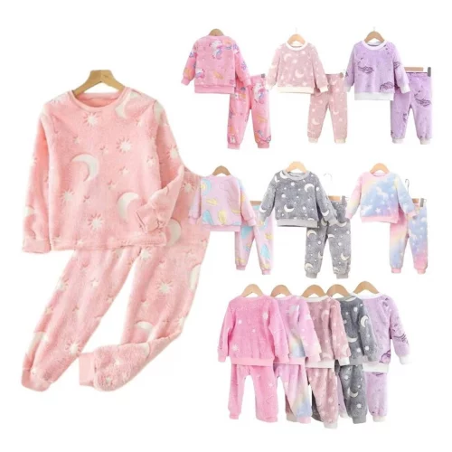 Kit 4 peças Conjunto Fleece Inverno Infantil Estampado Menina 1 ao 14